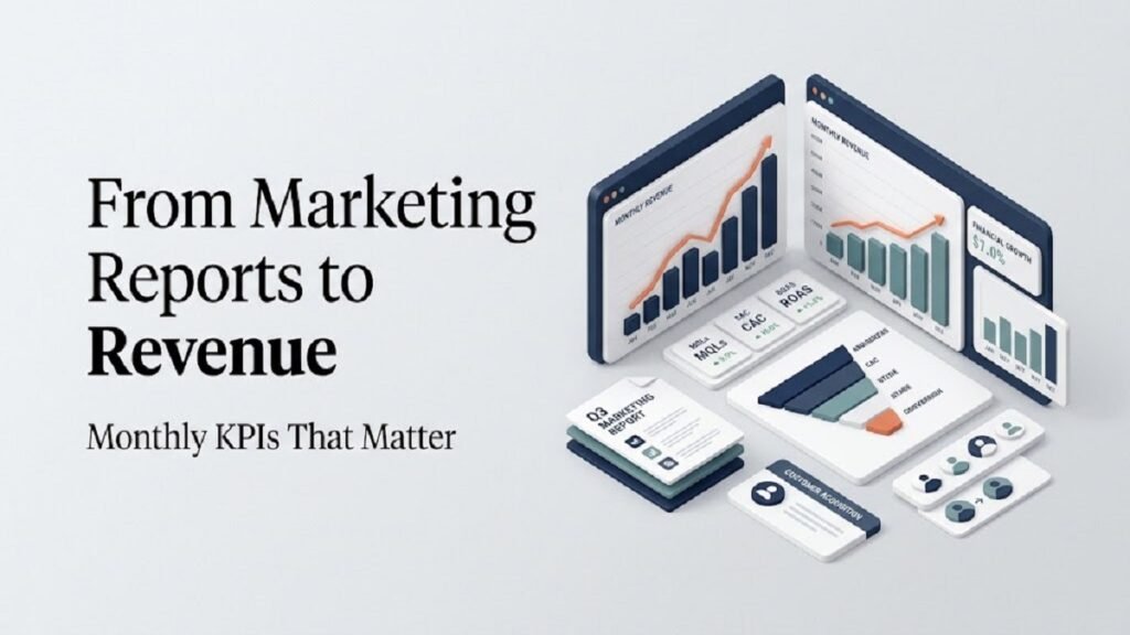 Marketing Performance Metrics dashboard showing monthly KPIs, revenue growth, and marketing performance analysis