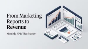 Marketing Performance Metrics dashboard showing monthly KPIs, revenue growth, and marketing performance analysis