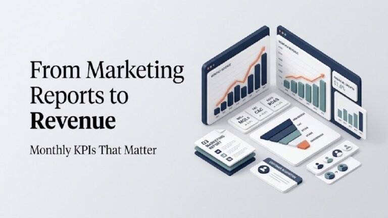 Marketing Performance Metrics dashboard showing monthly KPIs, revenue growth, and marketing performance analysis