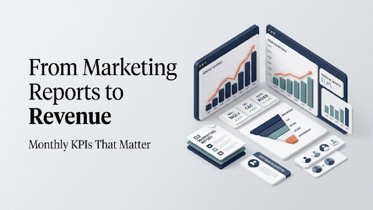 Marketing Performance Metrics dashboard showing monthly KPIs, revenue growth, and marketing performance analysis